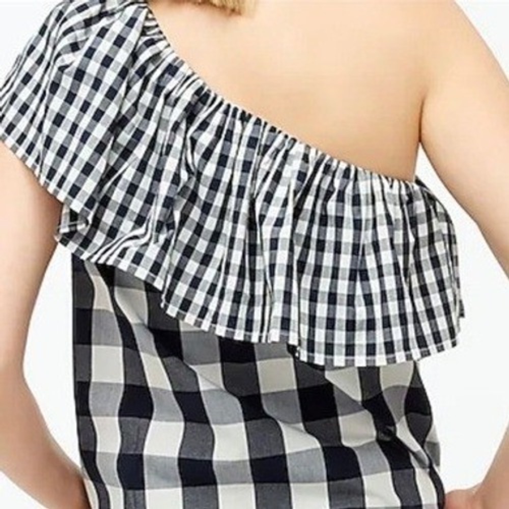 NEW J. Crew Gingham One Shoulder Ruffle Top Black White Cotton Stretch 12 NWT - Picture 2 of 15
